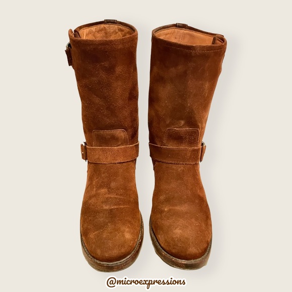 $389 Veronica Short Belted Brown Suede Leather Popular Moto Vintage Combat Boot - Picture 10 of 16